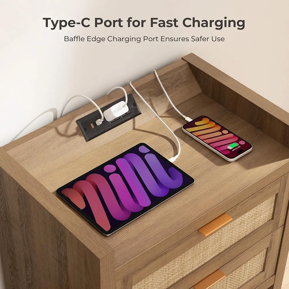 product modern nightstand type c charging station 2 drawers storage natural oak finish bedside night stand rattan bedroom furniture-4
