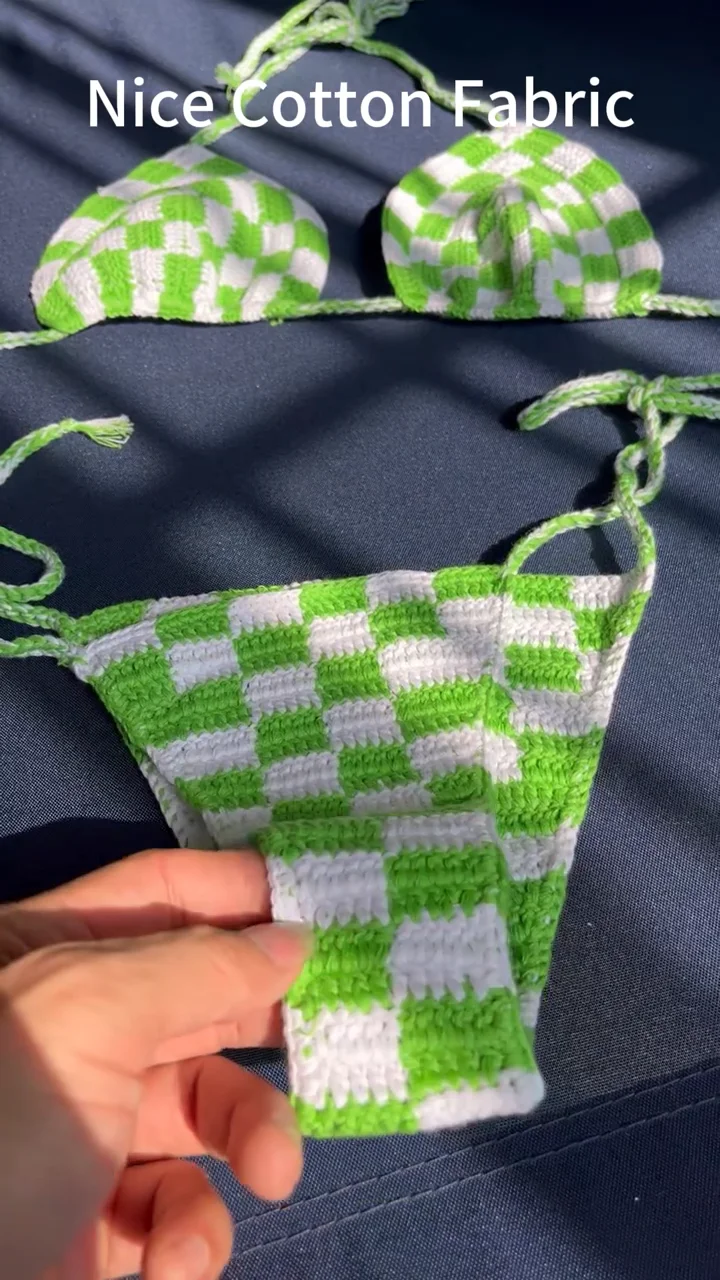 2024 Green Checker Crochet String Bikini Set Sexy Bathing Suit