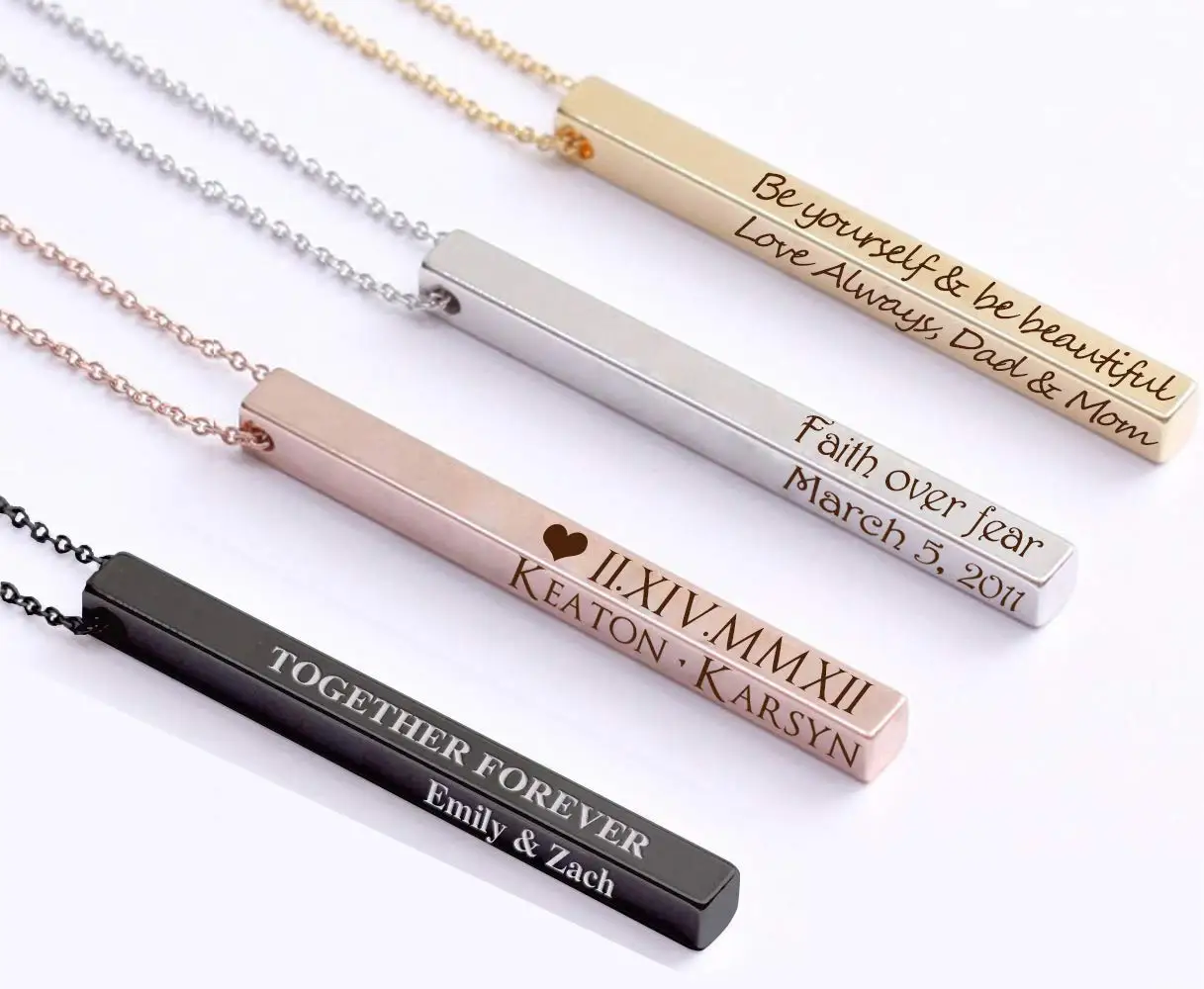 4SBN SAME DAY SHIPPING Personalized Vertical Bar Necklace Coordinate Jewelry Mothers Day Gift Roman Numeral Graduation Gift Engraved 3D Necklaces for Women Initial Necklace 