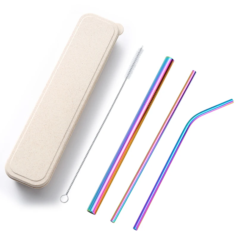 3PCS Stainless Steel Metal Drinking Straw Set Reusable Straws Cleaning Brush With Box