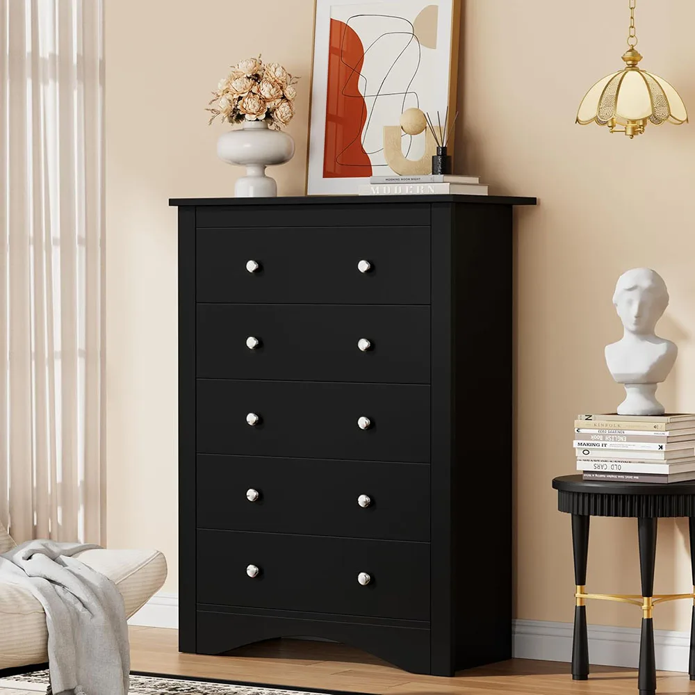 product tall modern wooden dresser with 5 drawers mdf panel storage for bedroom and living room black-1