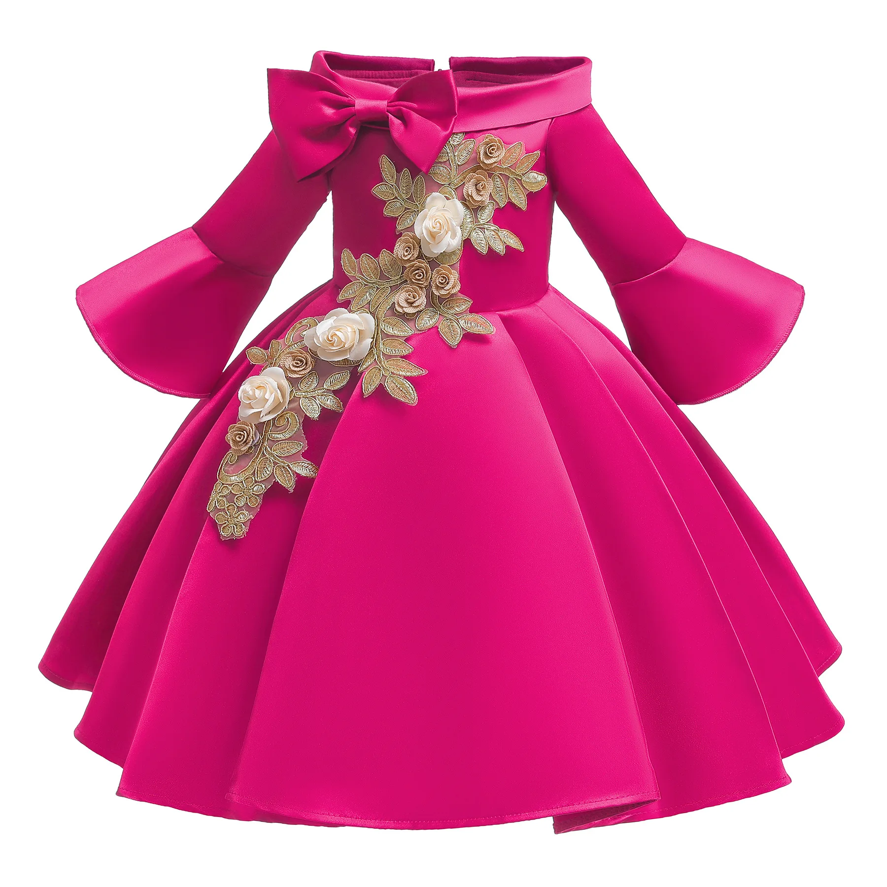 New Unique Design Embroidery Off Shoulder Princess Dress Medium Sleeve Birthday Performance Girls Dresses