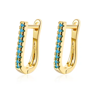 Korean Style Fashion Geometric Inlaid Blue Pine Zircon Hoop Earrings Statement Turquoise Zircon Oval Button