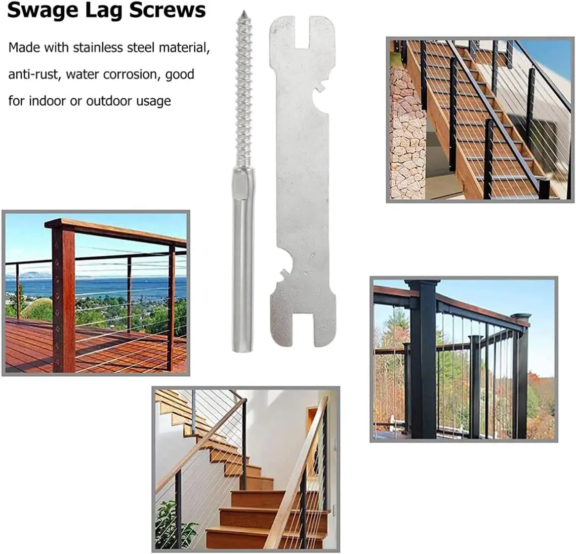 T316 Stainless Steel Cable Railing Hardware with Waterproof Rust-proof Swage Lag Screws Suitable for 3/16-inch Cables