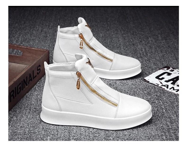 Men's High-top Boots Designer Zip Leather Sneakers White Platform ...