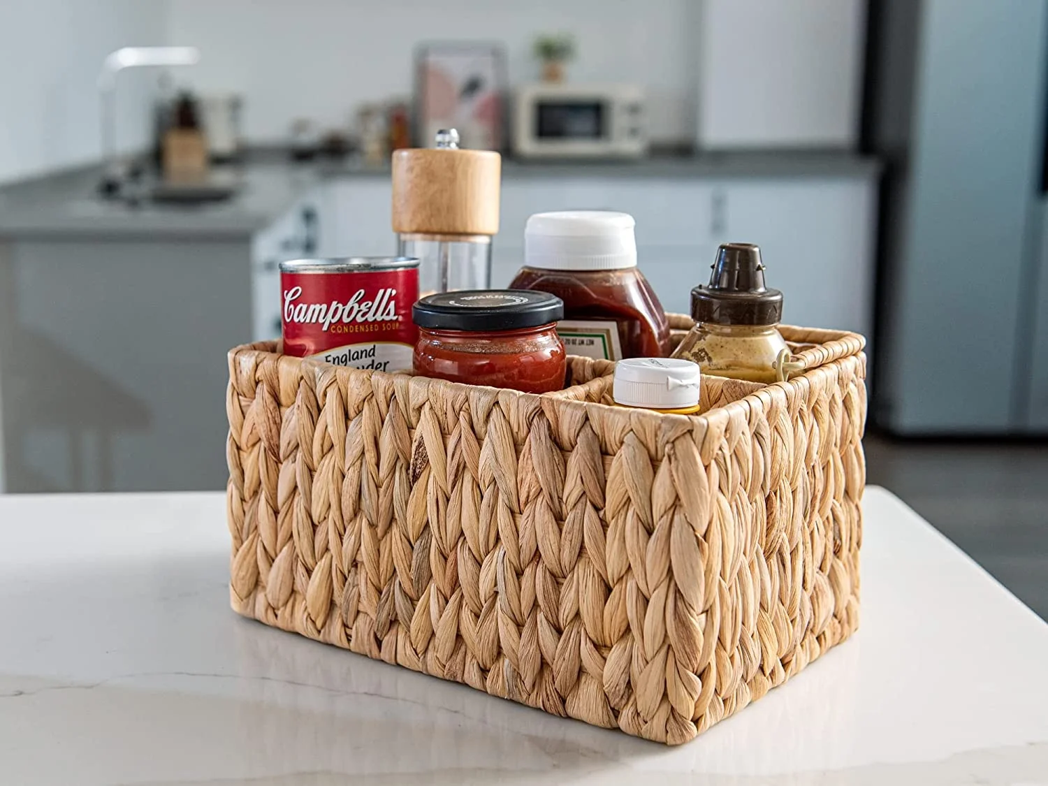 water hyacinth caddy basket kitchen cutlery and utensil storage holder small makeup storage & organizer