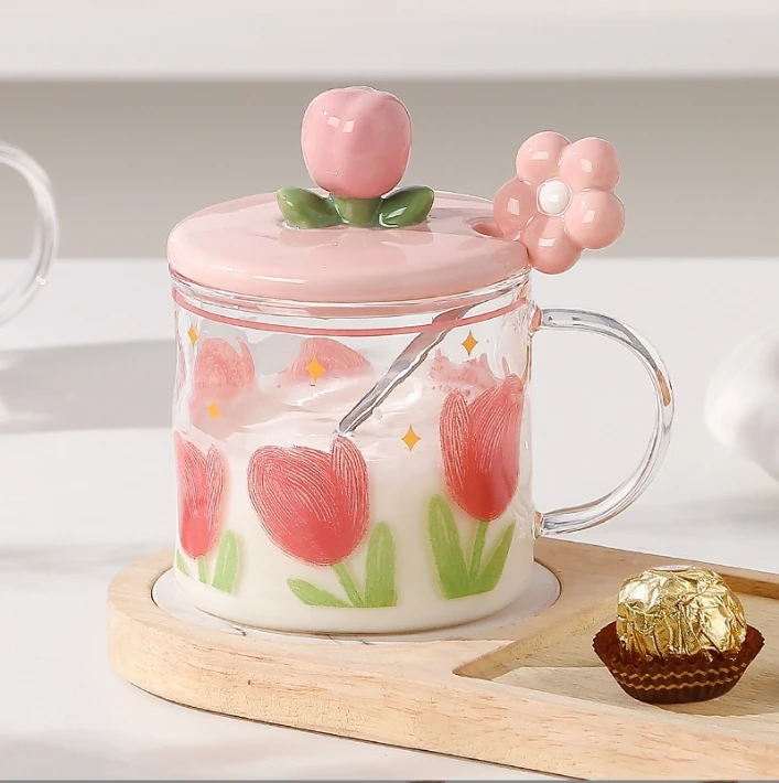 Pink tulip Glass Coffee Mug Cup Heat Resistant Breakfast Milk Tea Cup with Ceramic Lid Stainless Steel Spoon