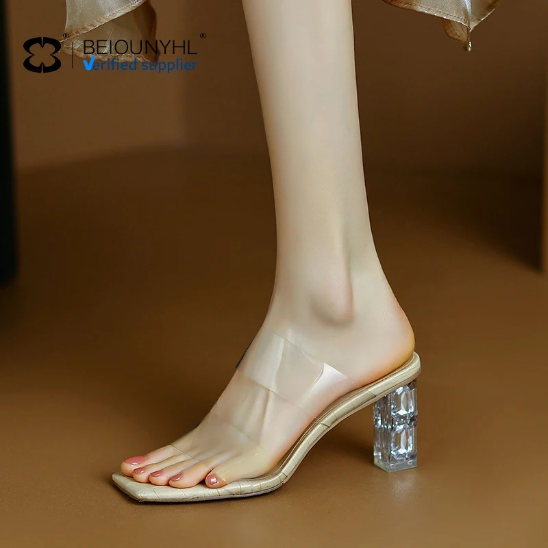 2024 Oem European And American Open Toe Transparent Crystal High Heels Slippers Sandals New Summer Wholesale Womens Square Shoes