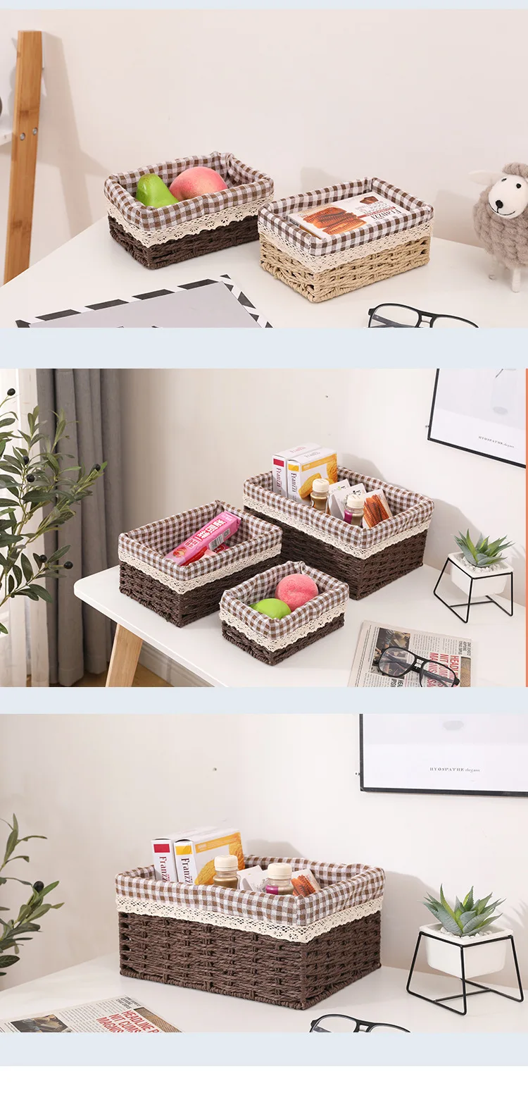 Wicker Baskets With Handle And Liner Set Paper Rope Woven Decorative