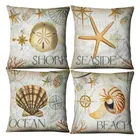 Nautical Shell Vintage Nautical Blue Ocean Pillow Cover Retro Marine Life Conch Shell Scallop Seabird Cotton Linen