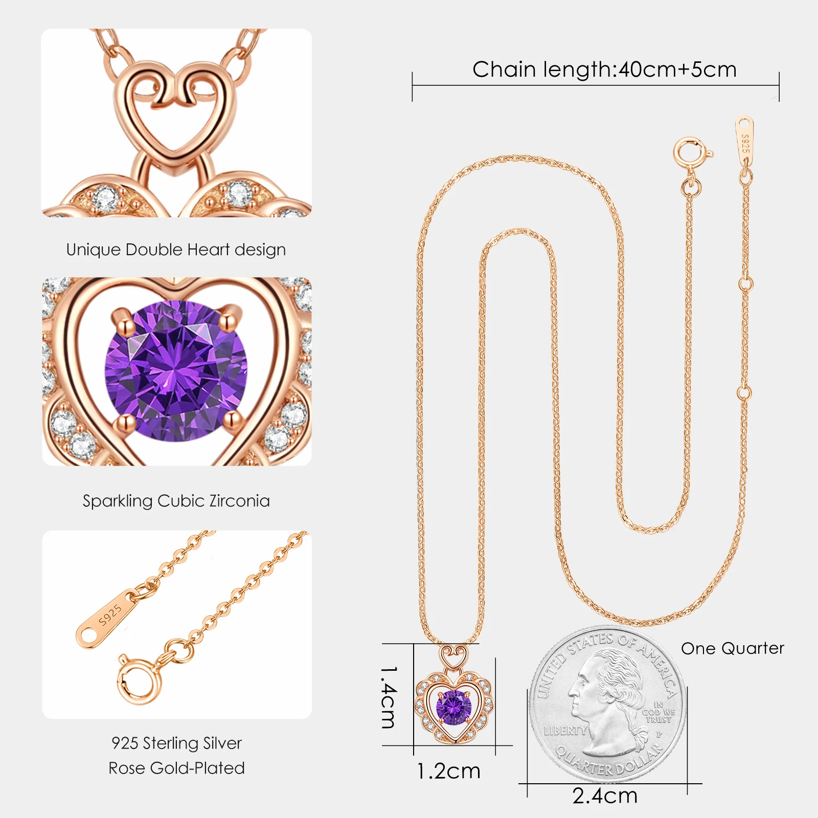 CDE CZYN078 Luxurious 925 Sterling Silver Jewelry Crystal Necklace Wholesale Design Sense Rose Gold Purple Heart-Shaped Necklace
