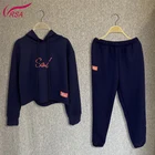 Wholesale Cotton Three-Piece Custom Small Letter Logo Printing Chenille Patches Pullover Hoodie Sweatpants Set