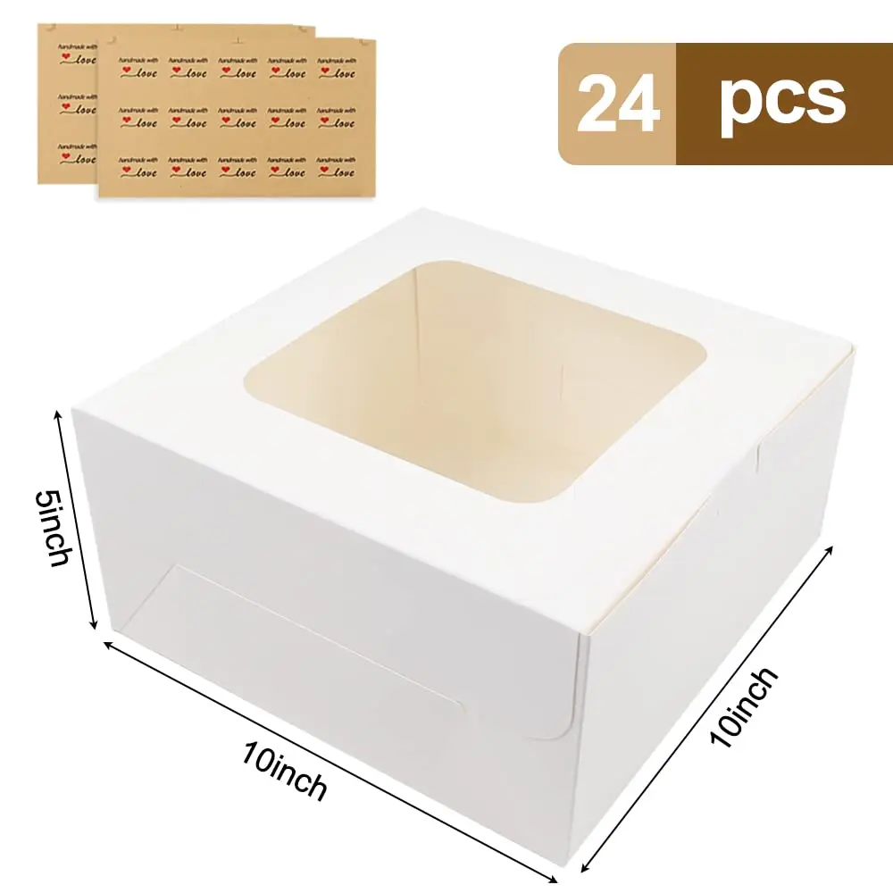24pcs 10x10x5 Inches White Bakery Boxes Cajas Pasteles Carton Cake Boxes with Window  for Cake