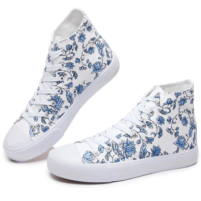 Wholesale Blue Flower Tongue Print High Top Casual Canvas Shoes White Canvas Sneakers For Unisex