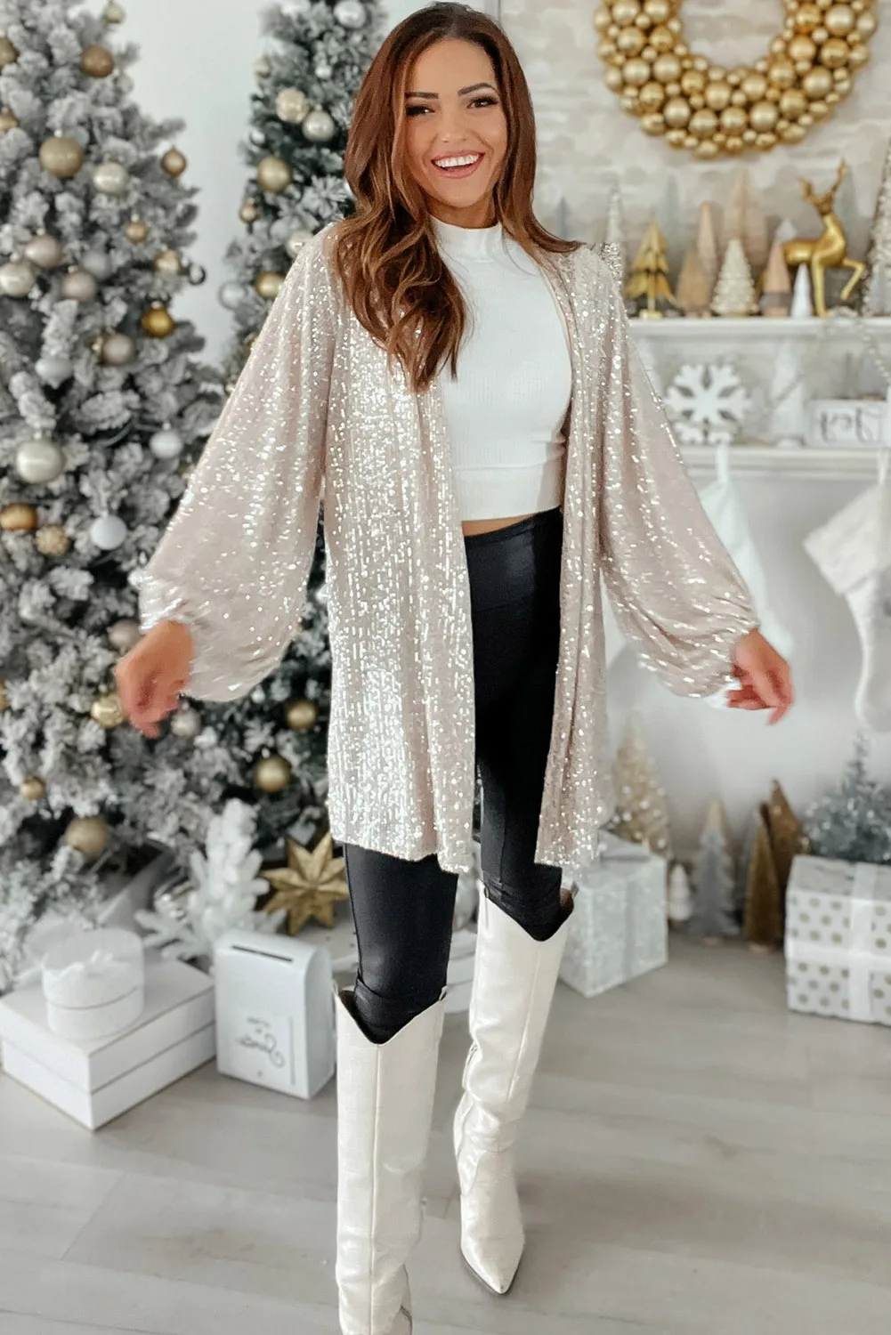 Dear-Lover Christmas Cardigan Womens Clothing Top Quality Sequin Bubble Sleeve Open Front Long Kimonos Ladies
