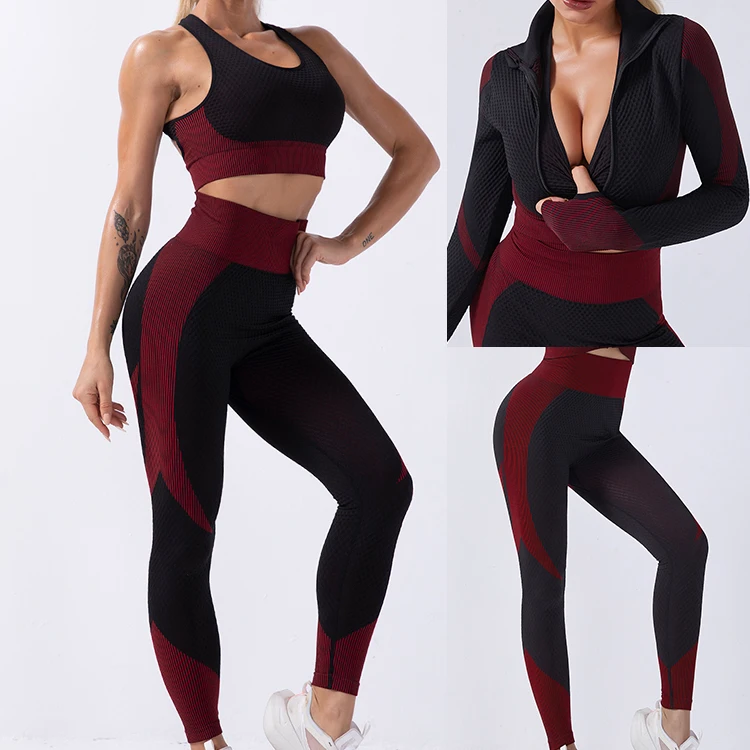 Seamless Yoga suit 3Pcs Seamless Yoga Set Women Gym Workout Clothes Long Sleeve Fitness Crop Top Jacket+Leggings+bra Sportswear