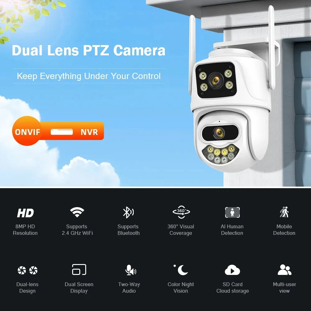 6MP 9MP 4K PTZ Wifi Camera Dual Lens with Dual Screen Ai Human Detect Auto Tracking Wireless Outdoor Surveillance Camera iCSee