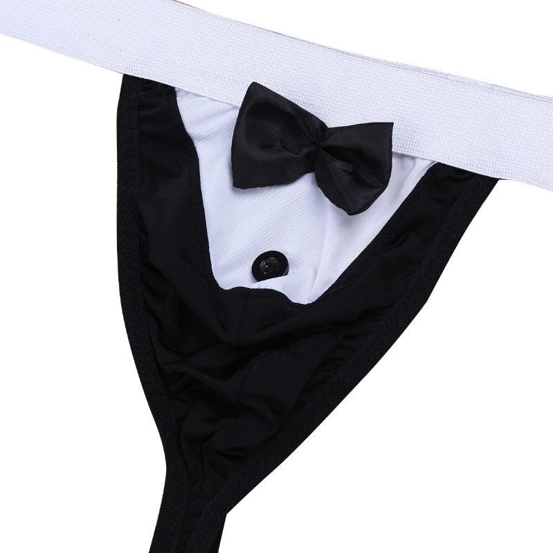 High Quality Sexy Tuxedo Bow Tie Pouch Bikini Thong Underwear G String Costume Mens Briefs With Bow