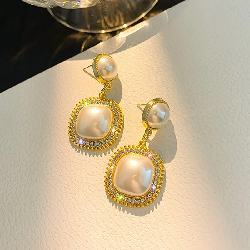 Women S925 Needle Luxury Shiny Crystal Golden Diamond Square Pearl Drop Earrings Jewelry Party Gifts