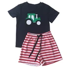 Boys New Fashion Tractor Embroidery Toddler Boys Summer Clothing Set Soft Cotton Striped Boys Summer Outfit
