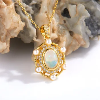 Aimgal S925 Sterling Silver Natural Opal Luxury Retro Pendant Necklace Women's Fashionable mother-of pearl Trendy Jewelry