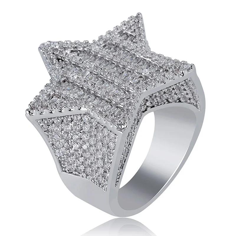 New European France style creative Design Gold Silver Color Five-pointed Star Ring Big Zircon Shiny Hip Hop Finger Ring jewelry