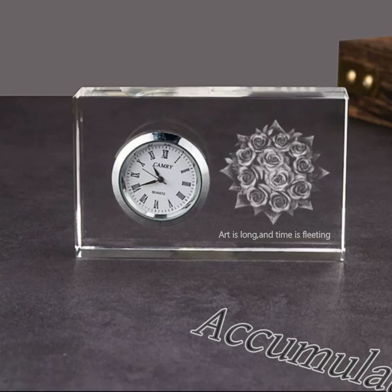 product fashion custom high quality crystal table clock gift for personal engraved letter souvenir crystal glass clock-3