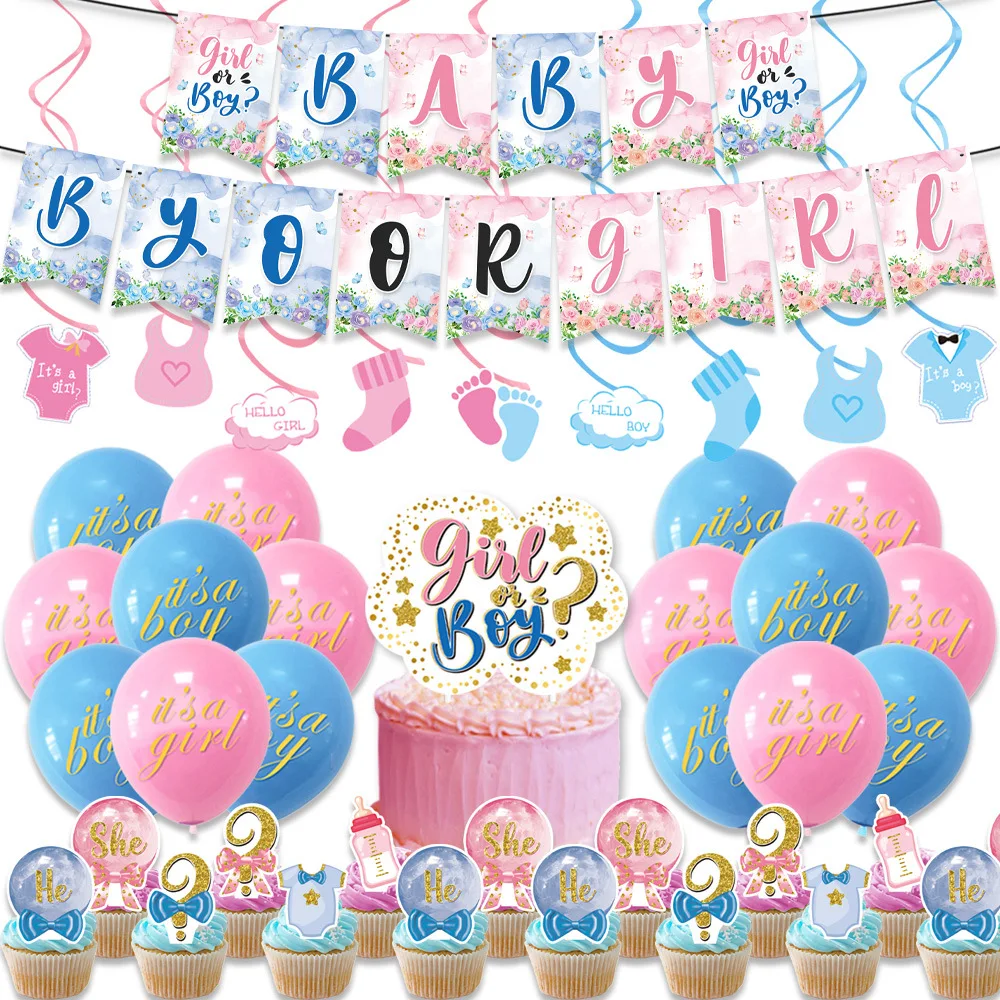 Boy or girl Gender reveal Boy girl party theme pull flag balloon set baby shower party decoration