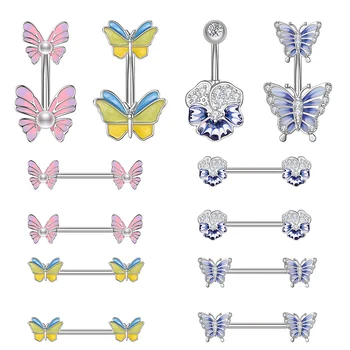 12Pcs/Set Butterfly Blue Flower Stainless Steel Perforated Belly Button Ring Nipple Ring Set Ladies Artificial Pearl Jewelry