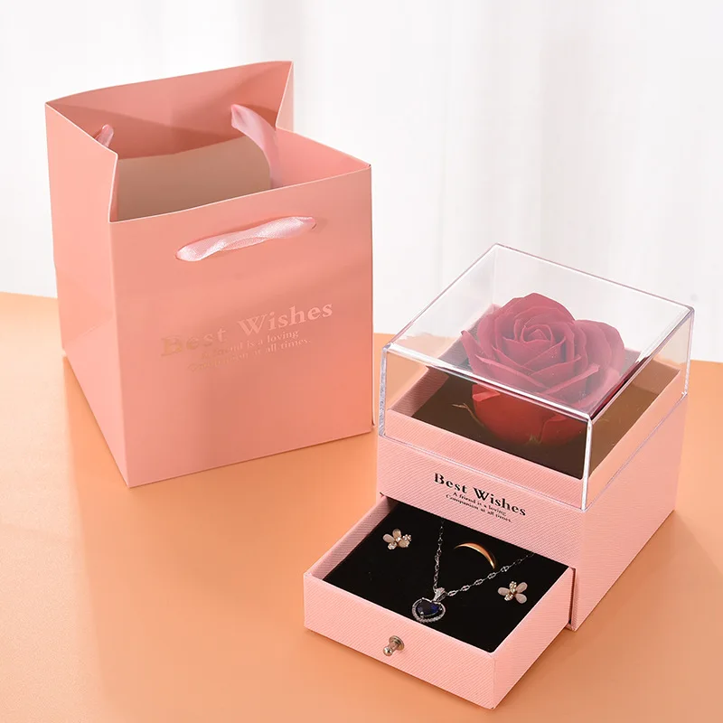 product a1 high quality transparent acrylic rose jewelry lipstick gift box valentines day eternal flower necklace ring box for friend-6