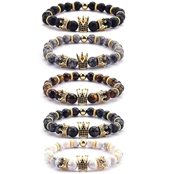2020 Jewelry gold White stone crown bracelet volcanic stone bracelet men natural stone bead bracelet