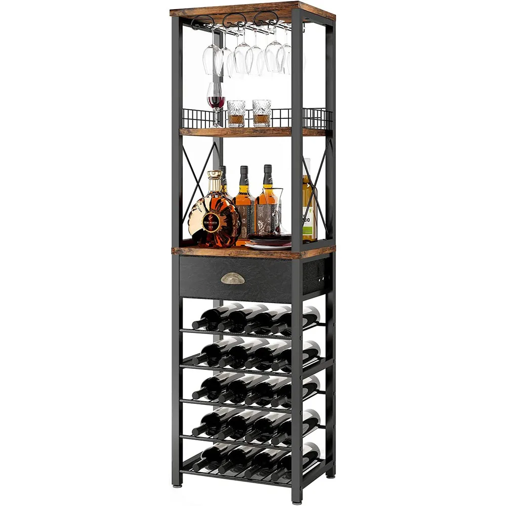 4-Tier Freestanding Wine Rack Bar Cabinet Topple Tabletop Glass Holder with Storage Drawer Wood Panel Style for Living Room supplier