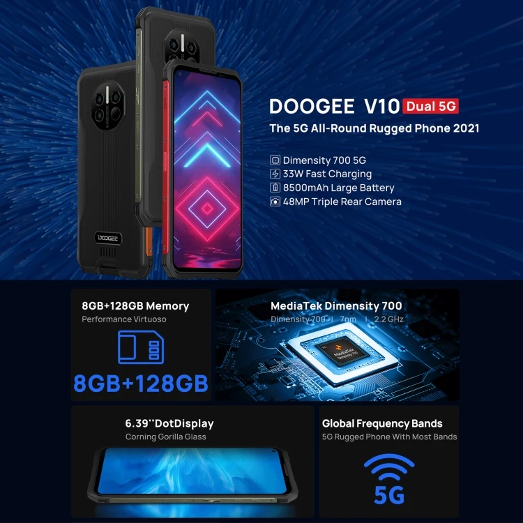Hot Selling 5G Cell Phone Doogee V10 8GB 128GB IP68 Waterproof 8500mAh Fast and Wireless Charging Android 11 Mobile Phone 7 H6d9a9611e8484cdeb1440538ba00fd03I