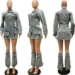 JUES Hotselling Wholesale Including Trousers Three Piece Set Cargo Multi-pocket Washed Jean Dress Ladies Women Denim Dresses