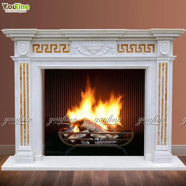 Indoor Freestanding Carved White Marble Decorative Stone Fireplace Mantle