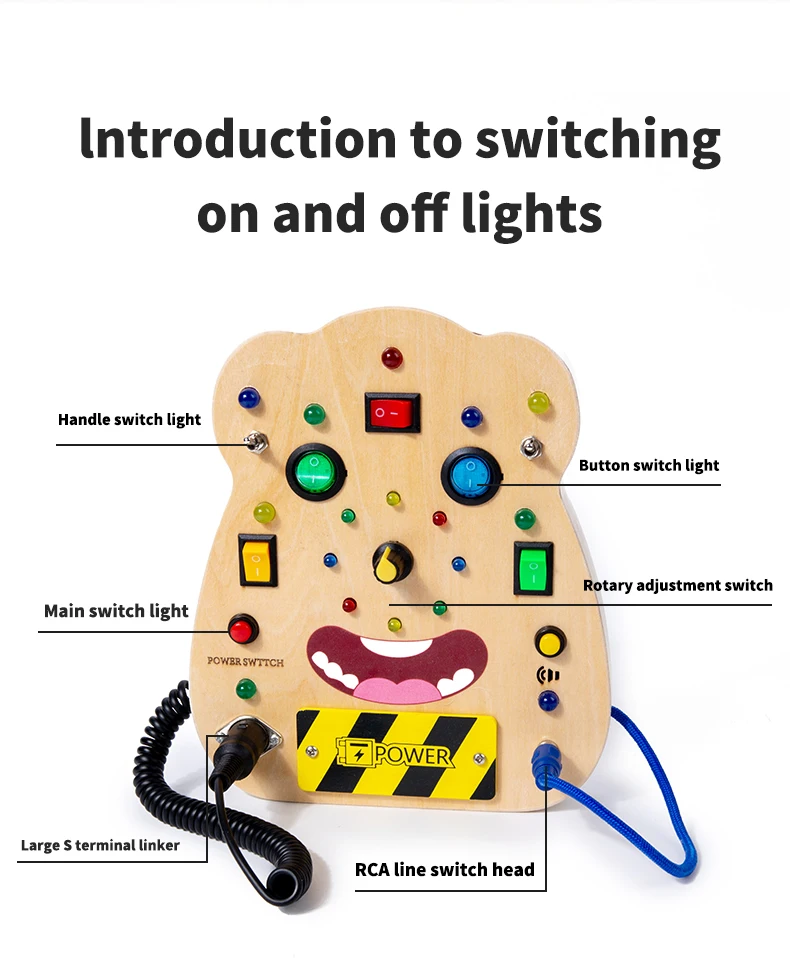 Kinder-Lernspielzeug, elektronisches LED-Licht, Baby-Holz-Sensorik-Beschäftigungsbrett, Zubehör, Montessori-Spielzeug für Kleinkinder, Herstellung