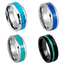 8mm Silver plated tungsten ring inlay blue green opal comfort it fashion men jewelry