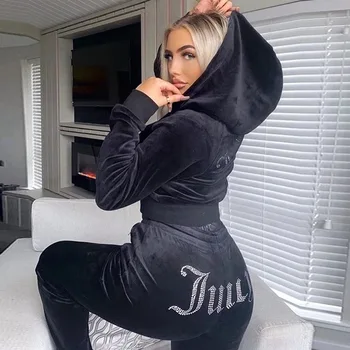 Clothes Set Fall Winter High Quality Thick Cotton Rhinestones Jogger Outfits set Luxury Nylon Diamond Velvet Velour Tracksuit