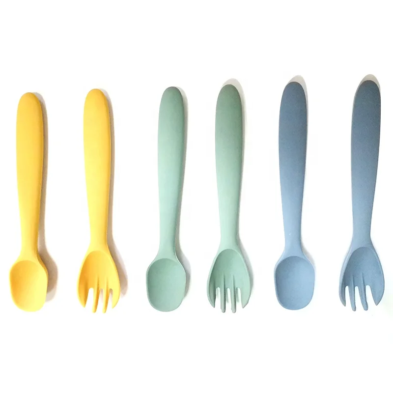 wholesale baby silicone spoon and fork set baby feeding set for kids children