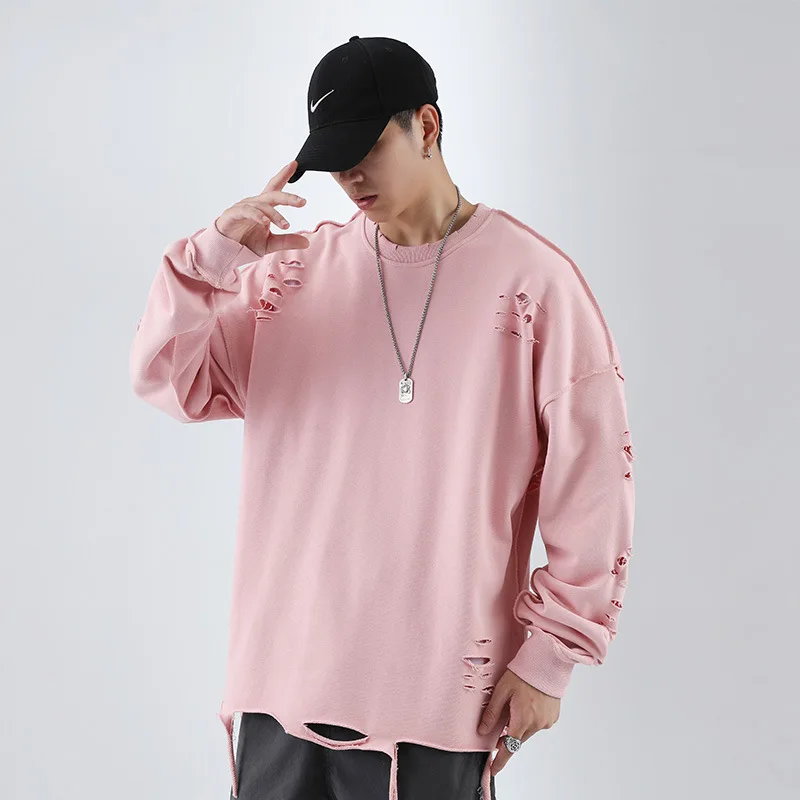 USA Size Cotton Custom Logo Pink Raw Hem Sweatshirts Hoodies Heavy Weight Crewneck Men Oversize Men Sweatshirt