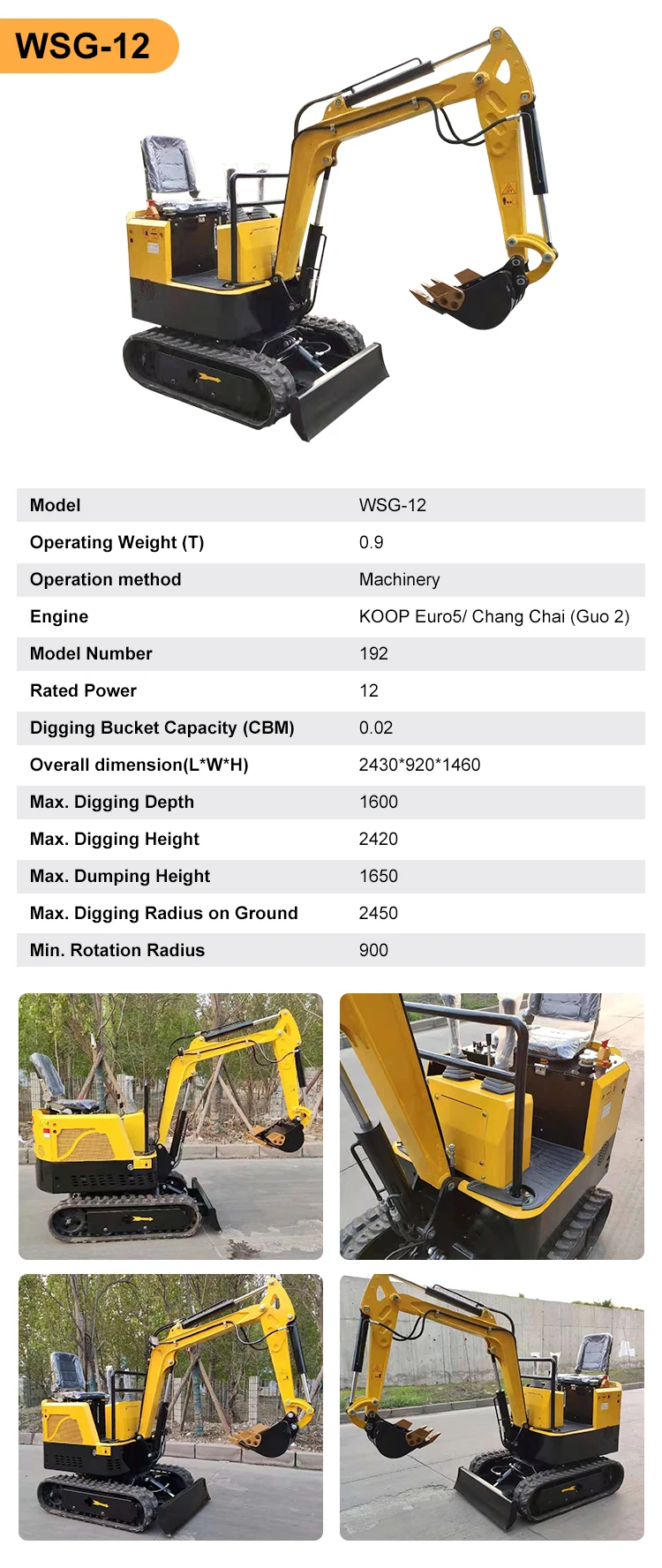 wsg CE EPA China mini Hydraulic excavators small mini excavator 1ton 2 ton cheap price for agricultural excavator