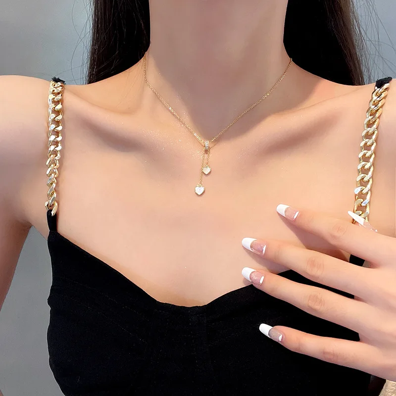 tassel double heart necklace women acrylic Titanium steel necklace Fashion wild Internet celebrity clavicle chain
