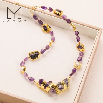 Summer Custom Angel Fashion Gold Plated Choker Amethyst Connector Pendant Jewelry Amethyst Chips Pearl Necklace For Men