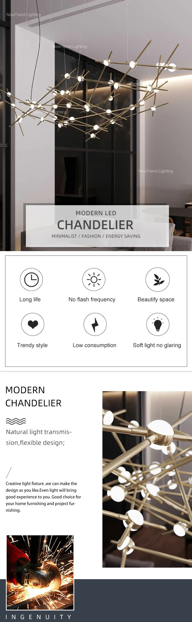 CPL-186 New Product Indoor Decoration Hotel Villa Staircase Metal Acrylic Modern LED Chandelier details