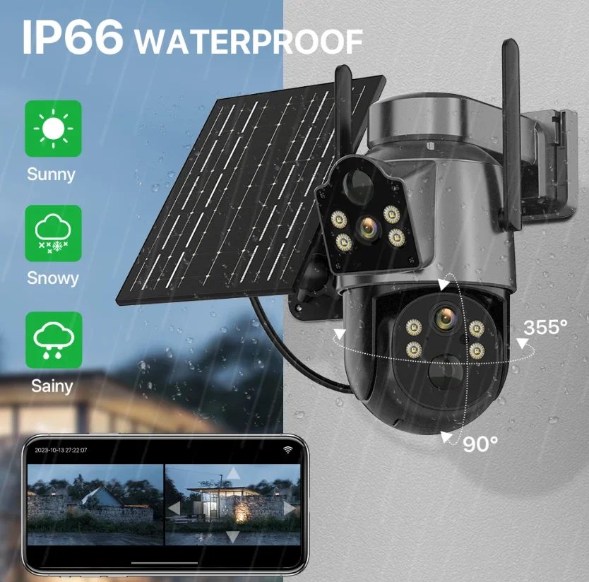 iCsee Outdoor WiFi Camera Dual Lens 7.6W Solar Panel Built-in Battery PTZ Camera Wireless 4MP Security Dual Lens Solar Camera