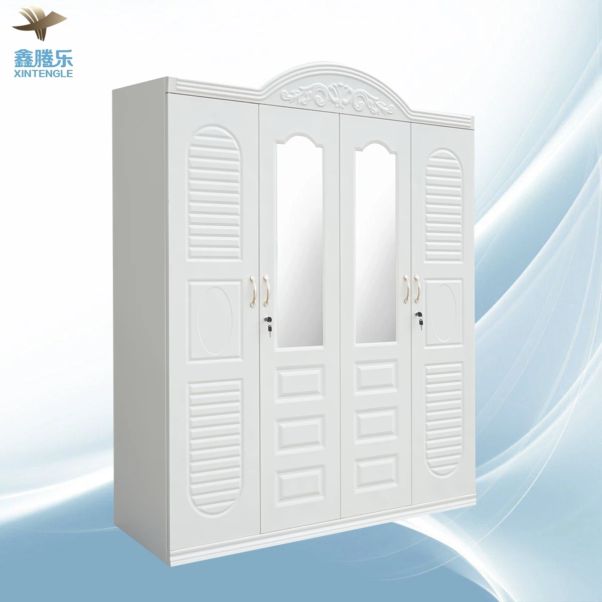 Tengle Home Bedroom Furniture 4-Door Steel Armario with Metal Imprint 4-Door Wardrobe Mirror Almirah Lemari Pakaian Besi