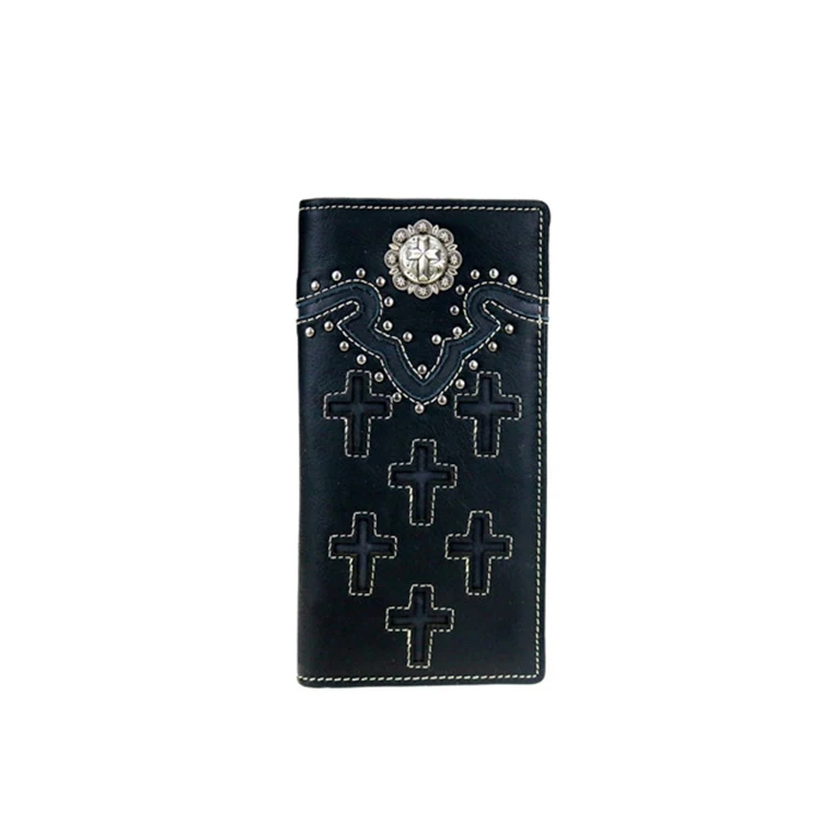 New arrived custom genuine leather spiritual collection cut-out crosses men's wallet