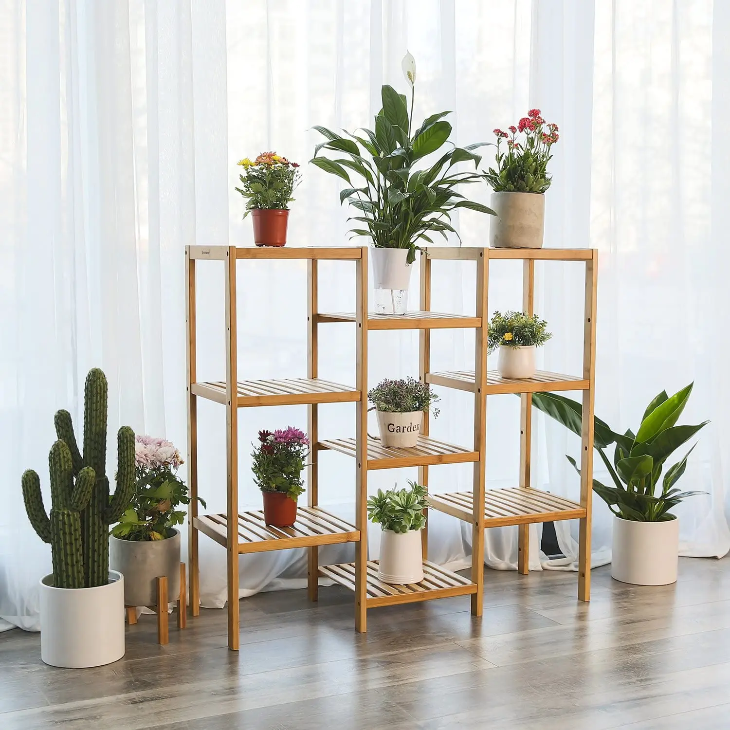 Bamboo Customizable Plant Stand Shelf Flower Pots Holder Display Rack Utility Shelf Bathroom Rack 9-Tier Storage Rack