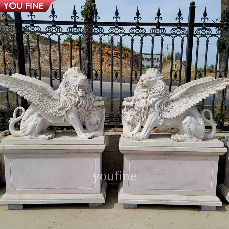 Outdoor Garden Big Natural Stone Marble Lion With Wing Statue Sitting On Base Sculpture