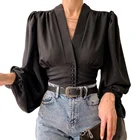 White Women Fashion Deep V Neck Long Puff Sleeve White Black Slim Fit Blouse Women Trendy Crop Top Tops